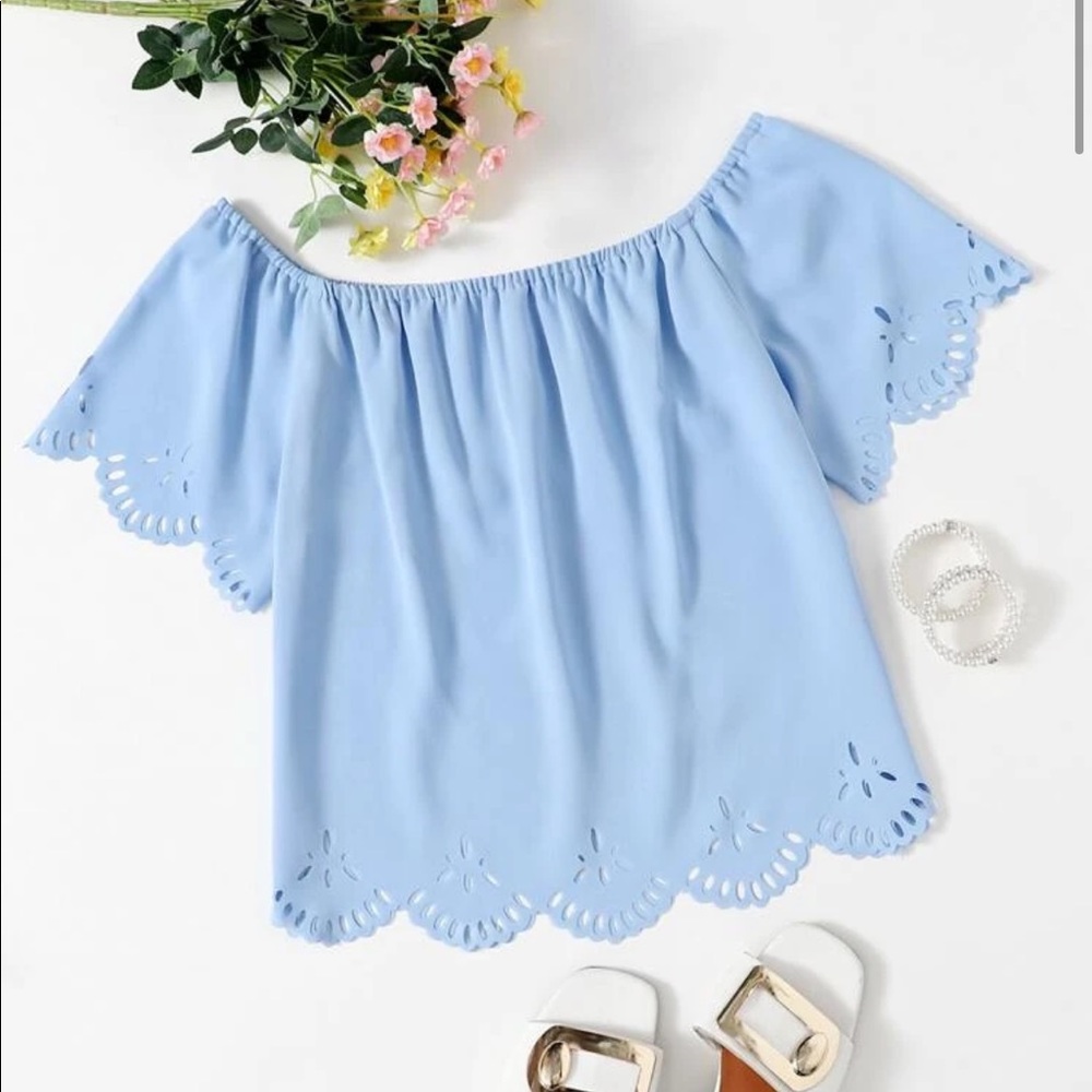 SHEIN baby blue scallop hem blouse